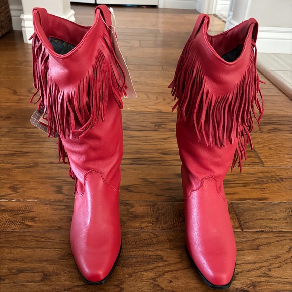 dingo Shoes - NWT Vintage 1980s Dingo Red Leather Boots with Fringe Women's US Size 7.5